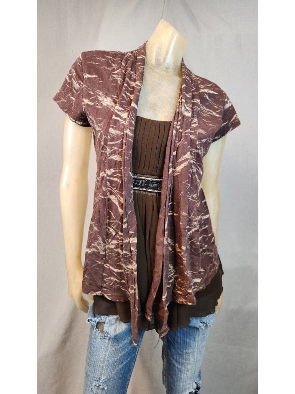 Maurices Brown Cover Open Front Short Sleeve Top Blouse Womens SMALL USED